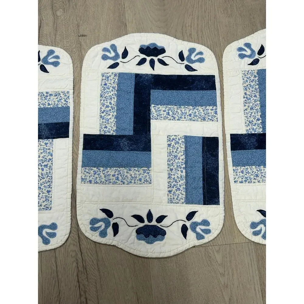 Set of 3 Blue & White Quilted Placemats Folk Art Floral Appliqué Country Cottage